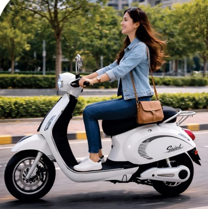Woman riding a WOZ Saint electric scooter